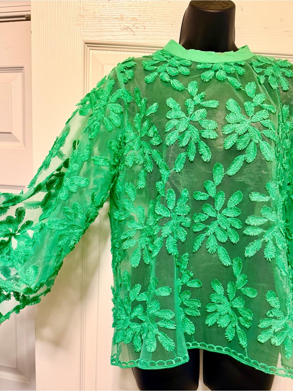 Women's Green Floral Appliqué Sheer Blouse